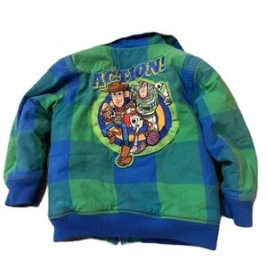 Disney Toy Story Faux Shearling Lined Coat Sz 4 Woody Buzz Green Plaid Full Zip